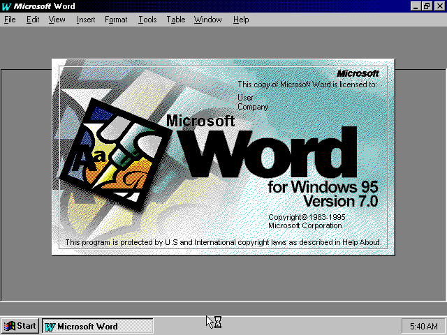 Microsoft Word 7.0 splash screen