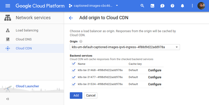 Screenshot of adding an origin to Cloud CDN
