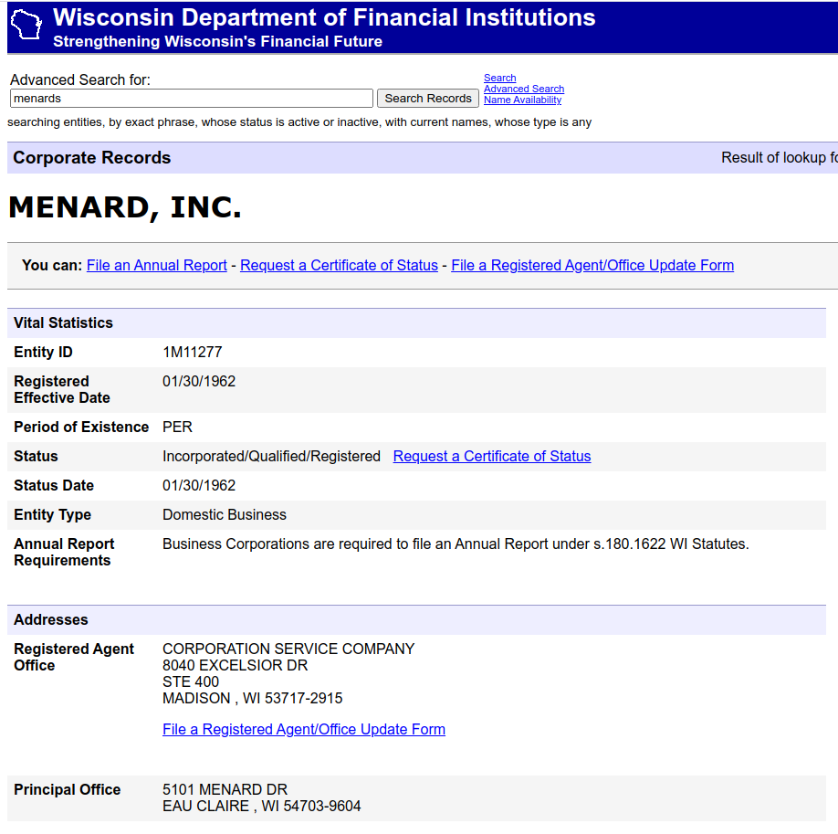 Screenshot of Wisconsin business search