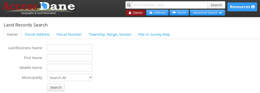 Screenshot of Dane County parcel search