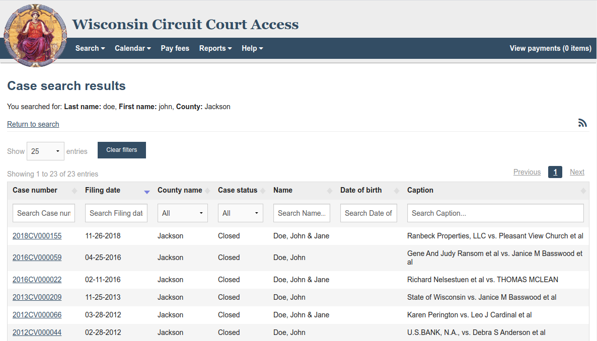 Screenshot of Wisconsin court case search